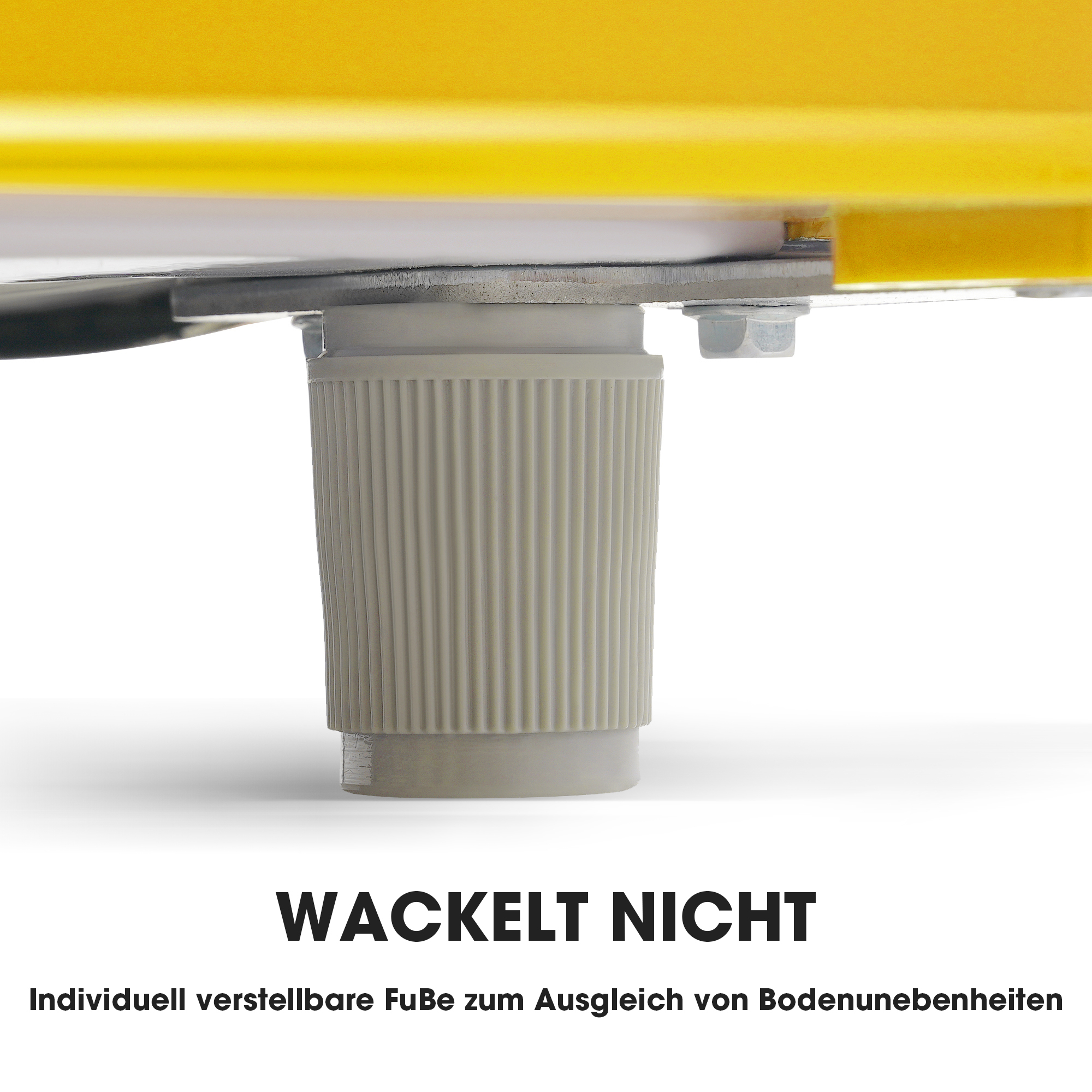Nahaufnahme eines grauen, verstellbaren Fußes, beschriftet mit 'Wackelt Nicht' (wackelt nicht).