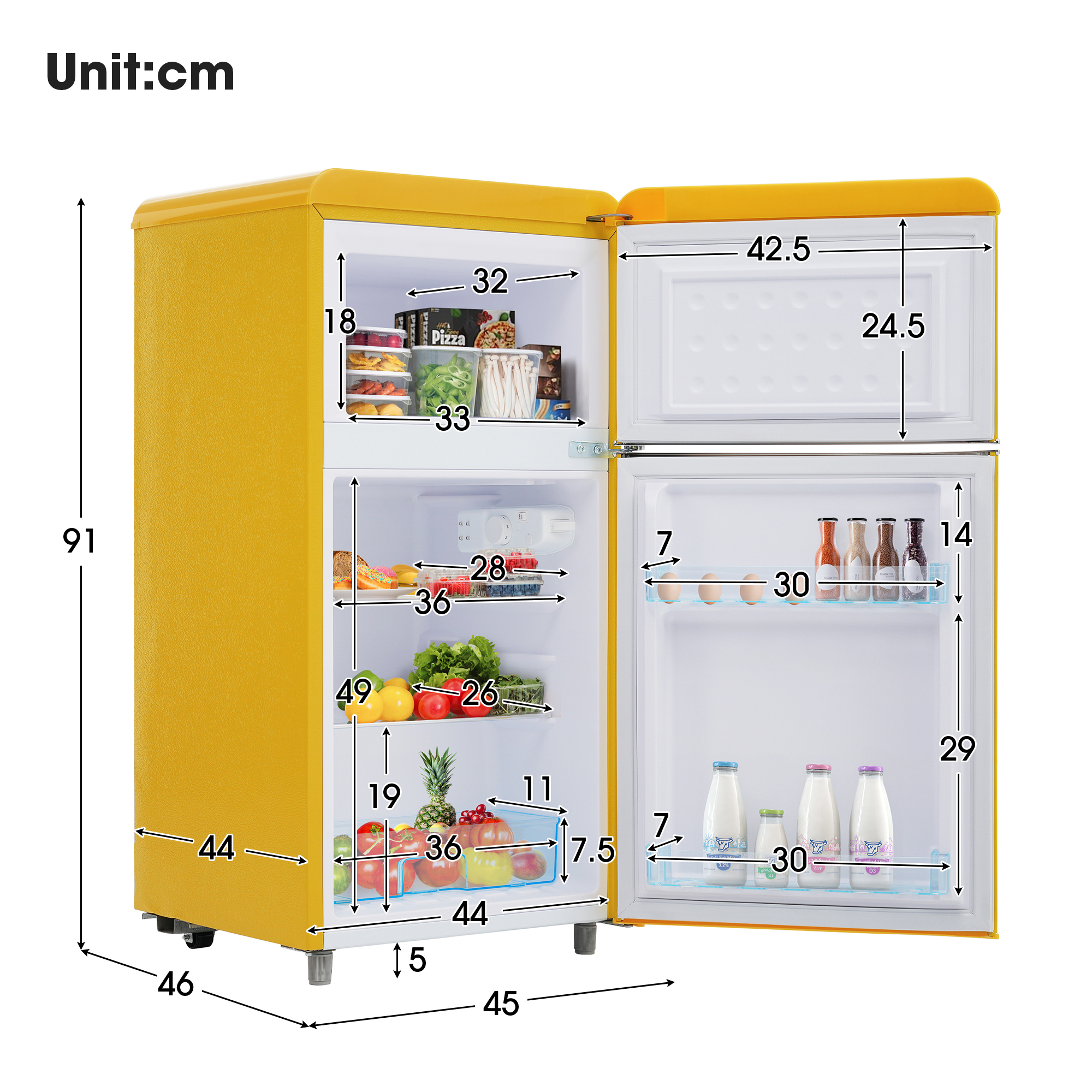 Gelber Retro-Kühlschrank mit offener Tür. Im Inneren befinden sich Regale mit Speisen und Getränken. Abmessungen sind angegeben.