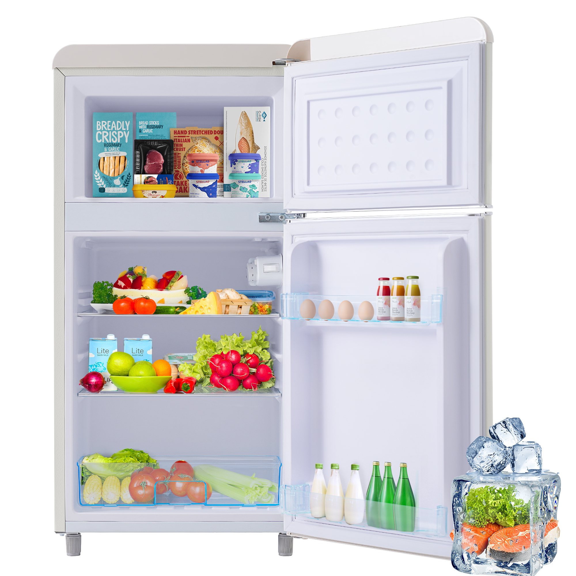 Offener Kühlschrank mit Essen. Enthält Eier, Milch, Saft und Gemüse.