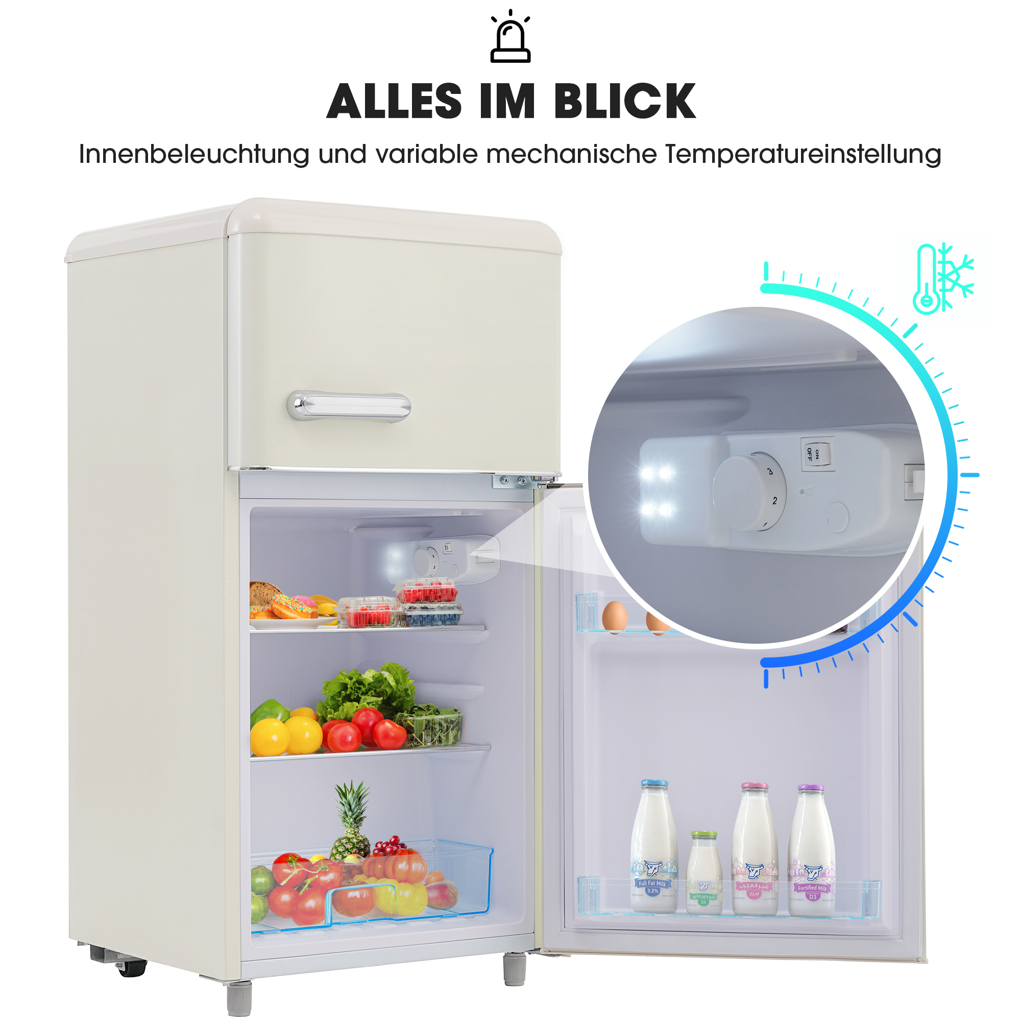Cremefarbener Retro-Kühlschrank mit offener Tür. Obst, Gemüse und Getränke sind innen sichtbar.
