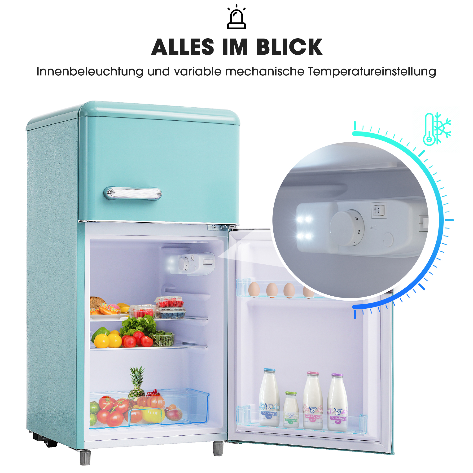 Ein blauer Retro-Kühlschrank mit offener Tür, zeigt Lebensmittel und Licht.