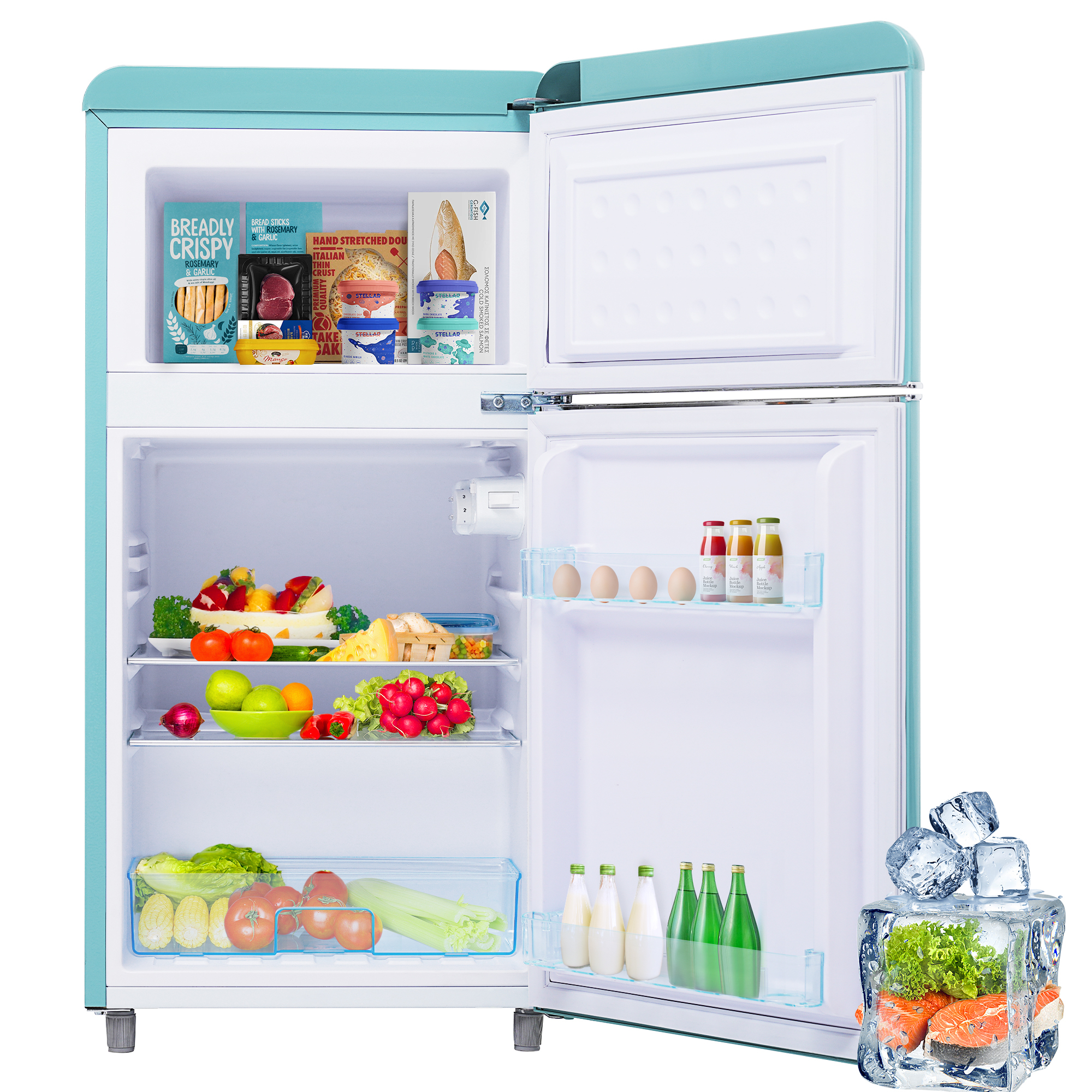 Ein blauer Kühlschrank mit offener Tür. Im Inneren sind Lebensmittel sichtbar, darunter Früchte, Eier und Getränke.