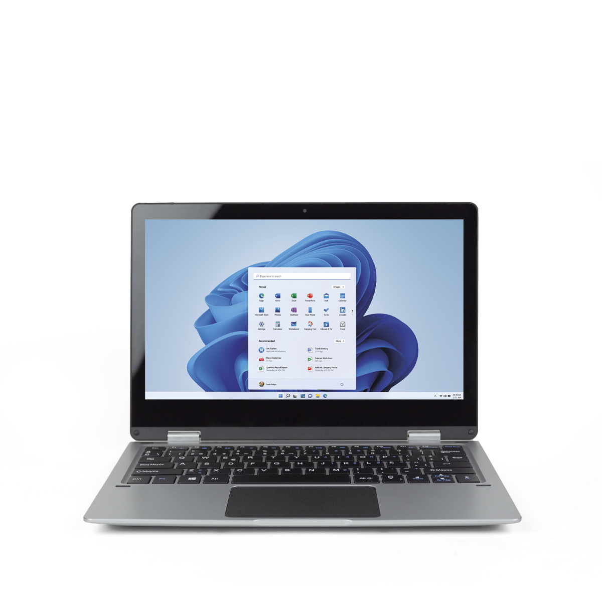 Laptop mit offenem Bildschirm, der die Windows 11-Oberfläche zeigt. Silberner Rahmen. Weißer Hintergrund.