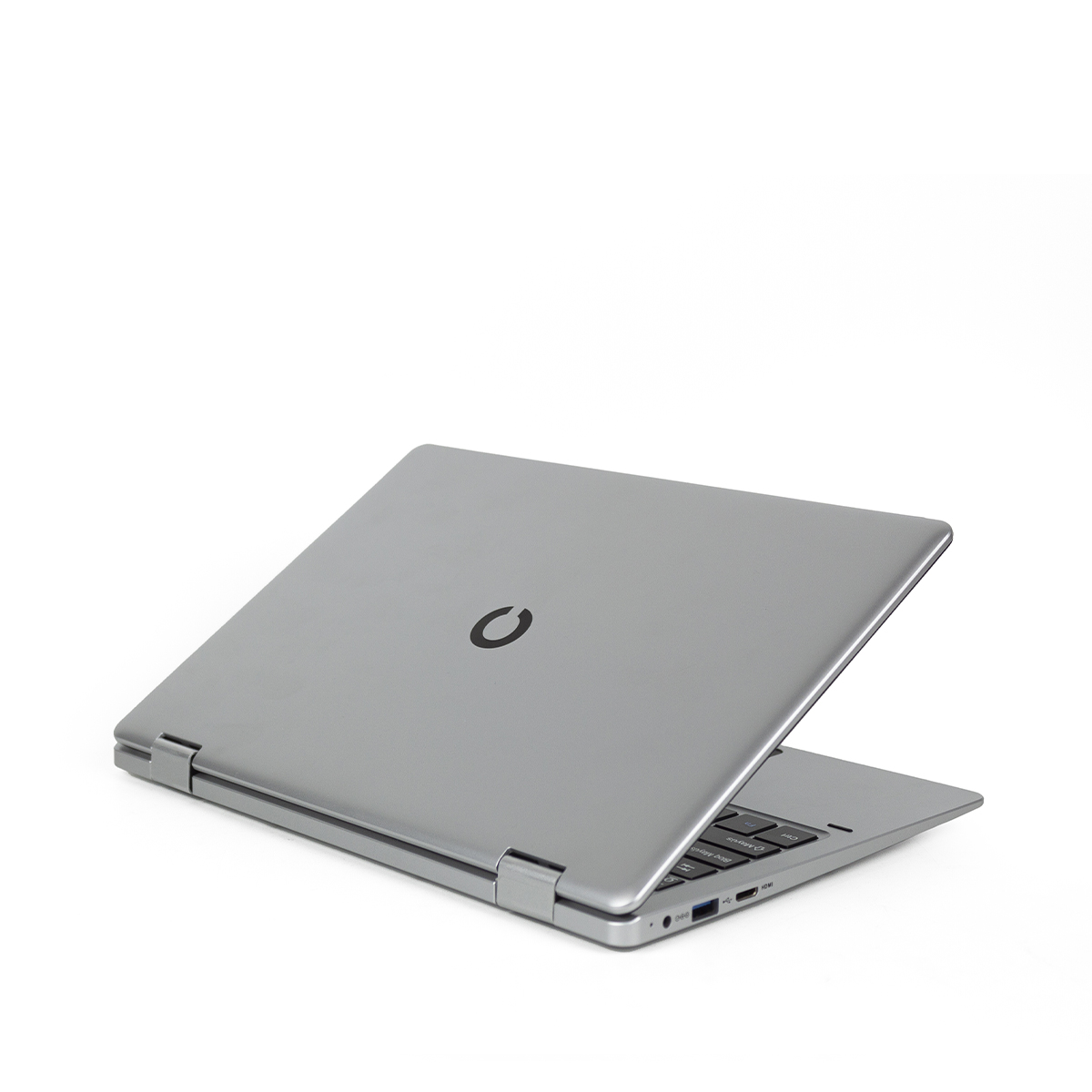 Grauer Laptop mit schwarzem Logo, geöffnet, Tastatur sichtbar.