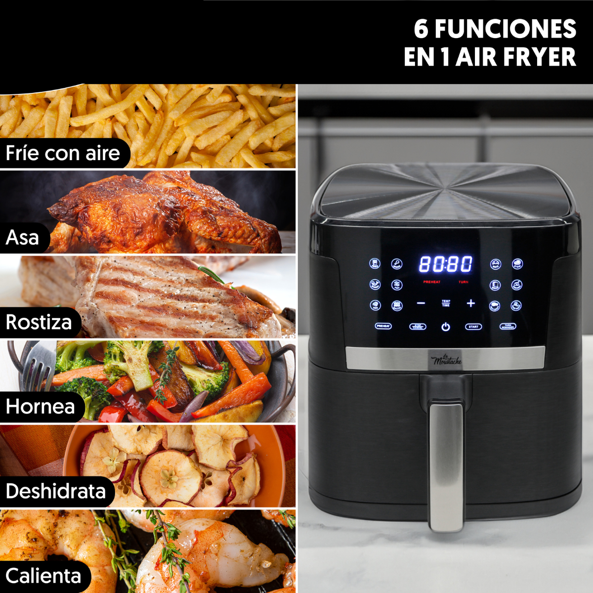 Una freidora de aire con varias imágenes de comida, incluyendo papas fritas, pollo, bistec y verduras.
