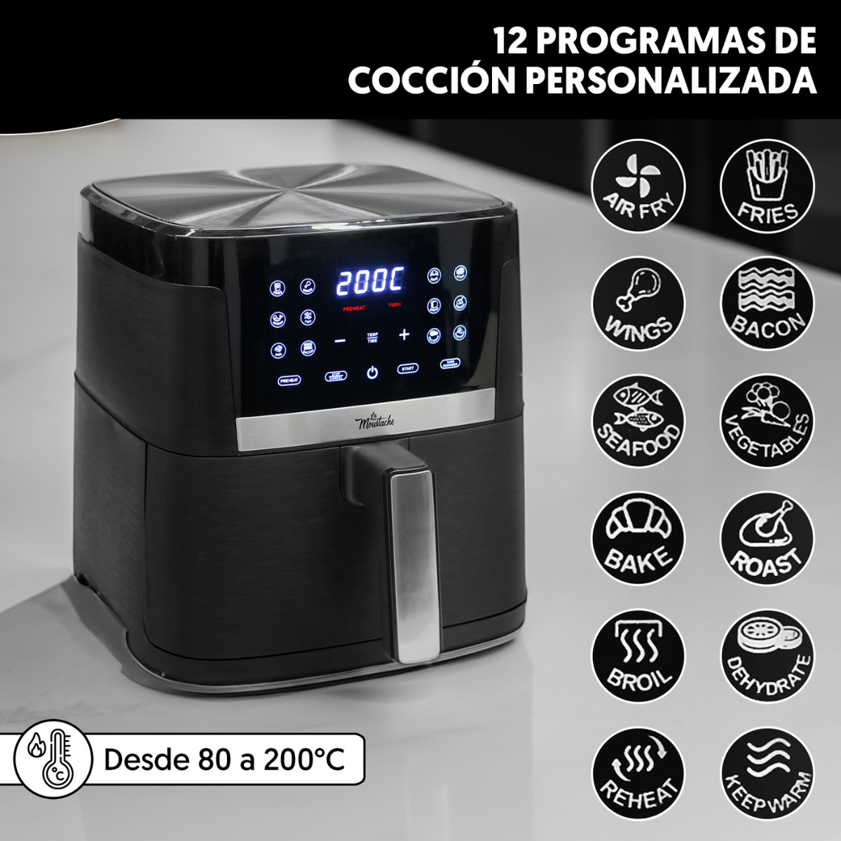 Una freidora de aire negra con una pantalla digital e iconos de varios programas de cocina.