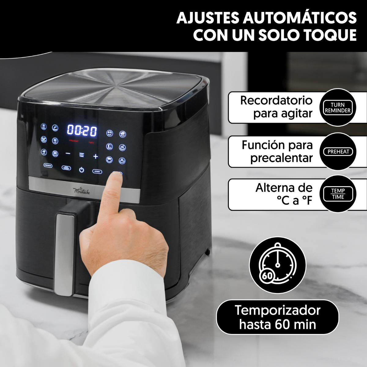 Freidora de aire negra con pantalla digital. Texto con funciones en español.