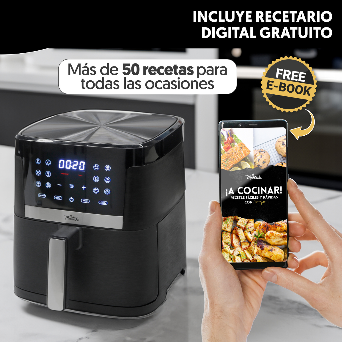 Freidora de aire con pantalla digital y smartphone con receta. Texto: Más de 50 recetas.