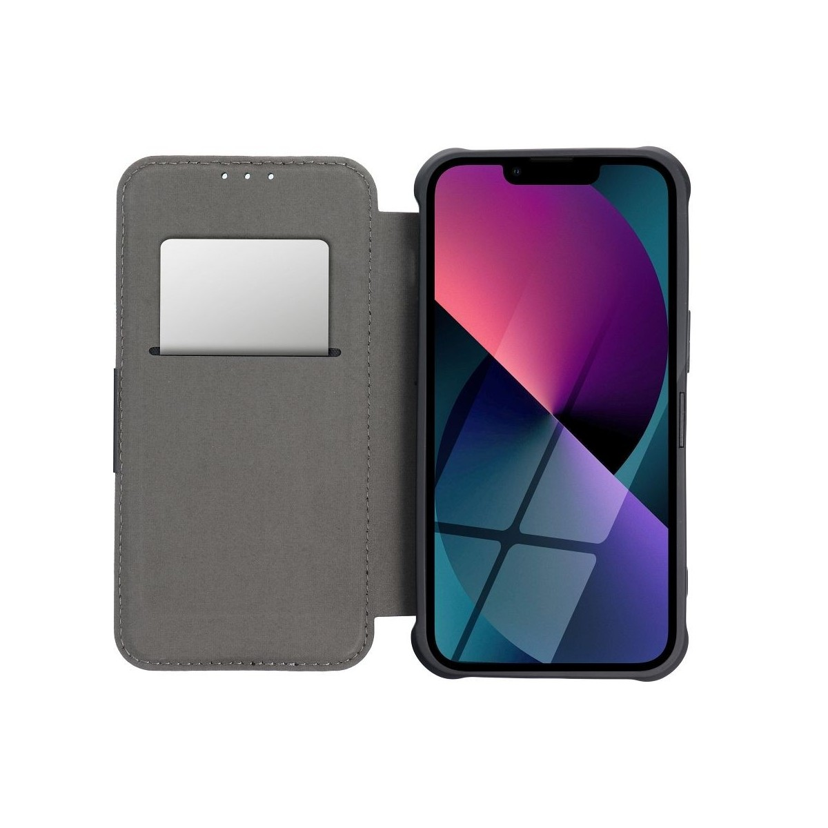 Uno smartphone in una custodia a libro, aperto per rivelare lo schermo.