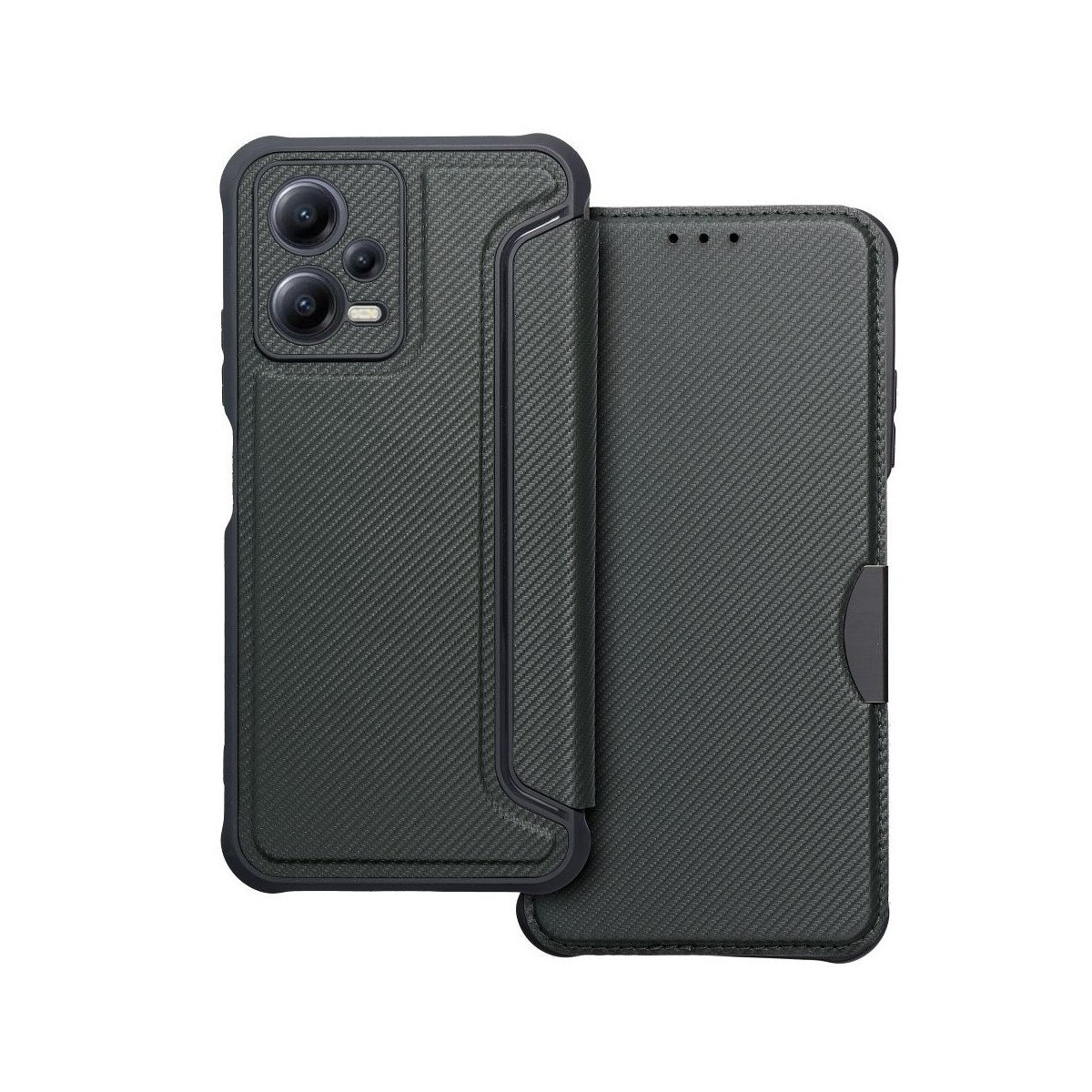 Una custodia per telefono con un telefono all'interno, che mostra un design strutturato con una sezione portafoglio separata.