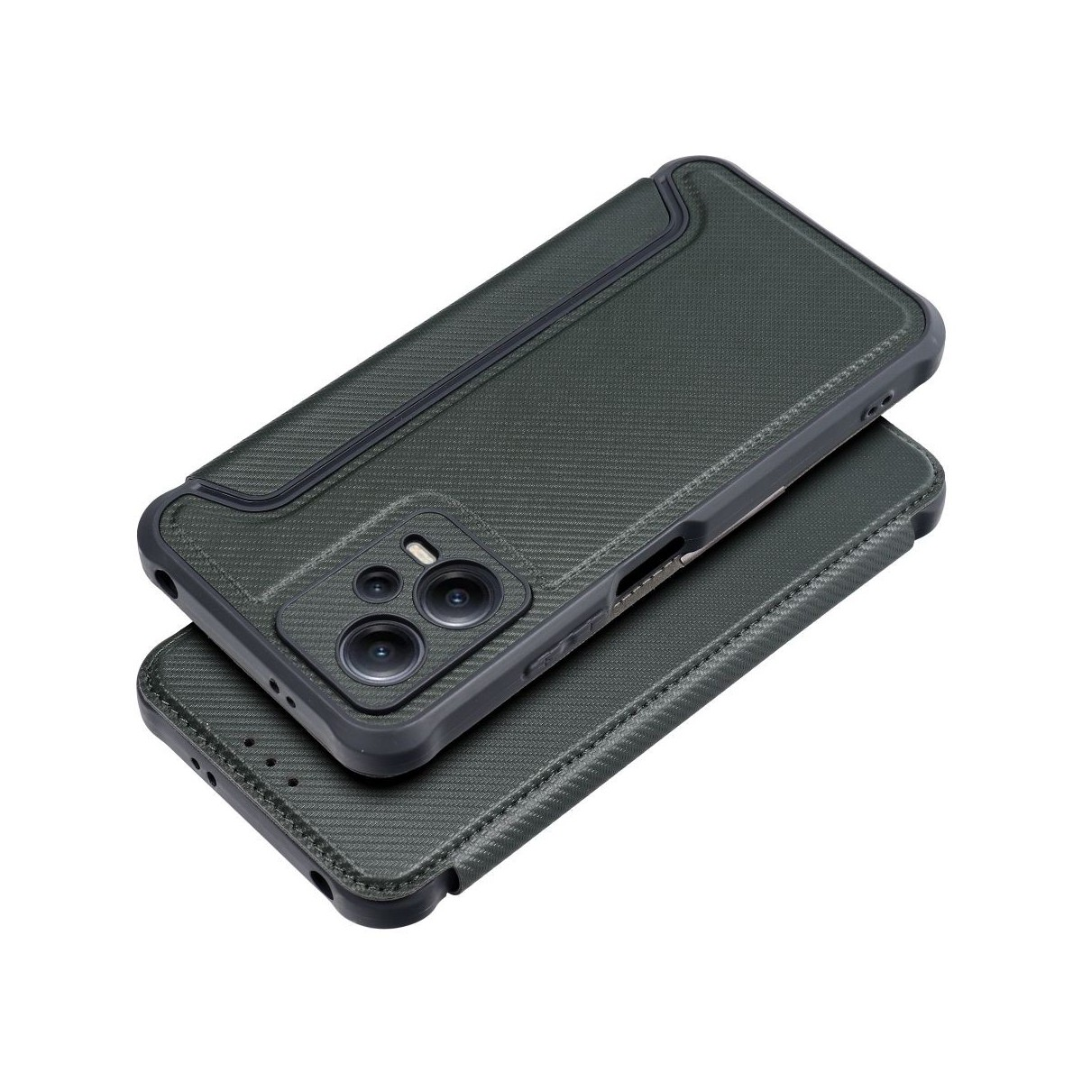 Due custodie per telefono verde scuro impilate. La custodia superiore ha un ritaglio per la fotocamera e un design strutturato.