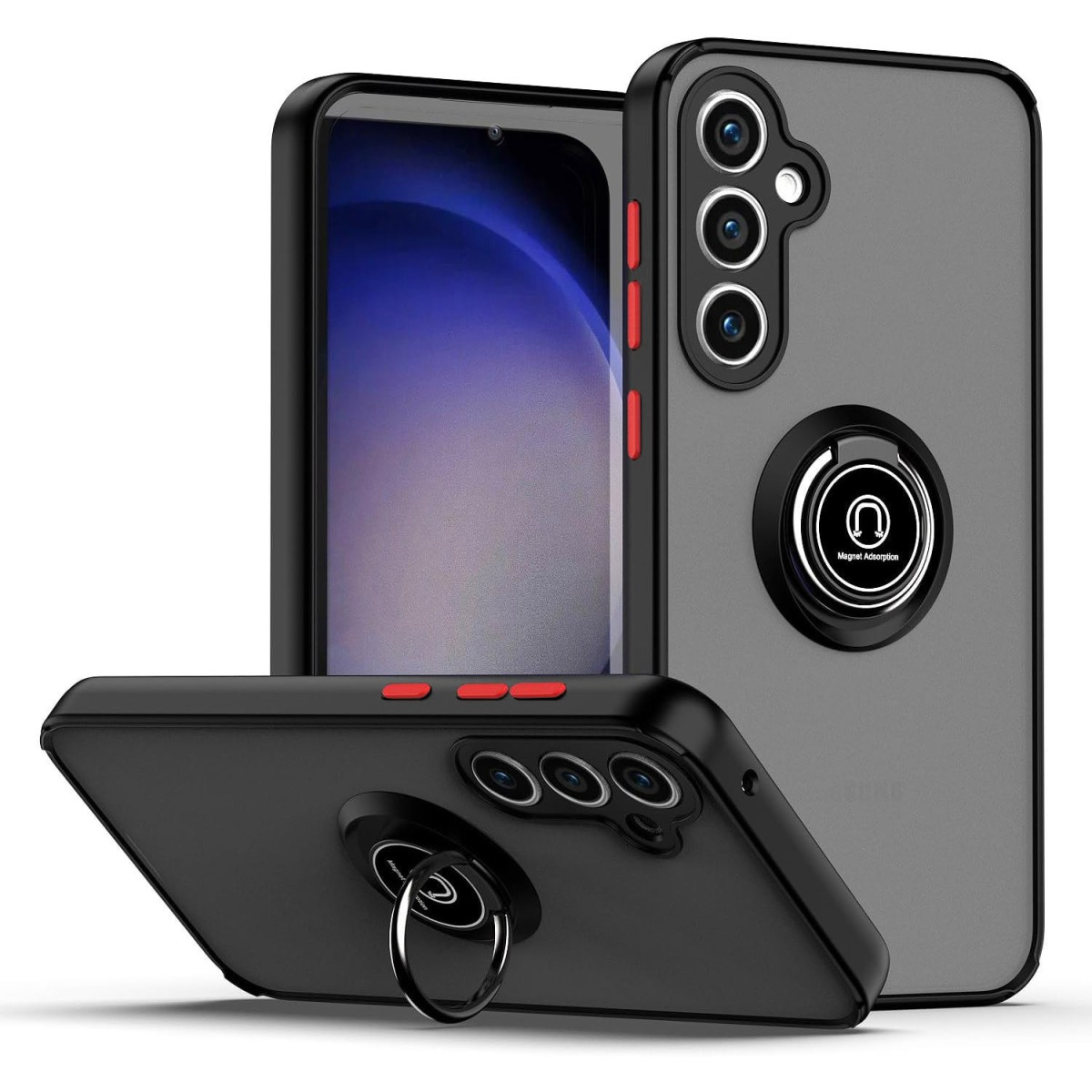 Custodia nera per telefono con anello. La custodia è su una superficie bianca. Tre fotocamere visibili.