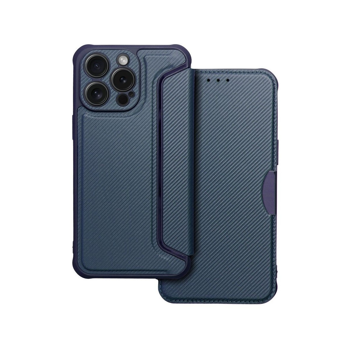 Una custodia blu per telefono con porta carte. La custodia è realizzata in un materiale strutturato e ha una copertura magnetica.