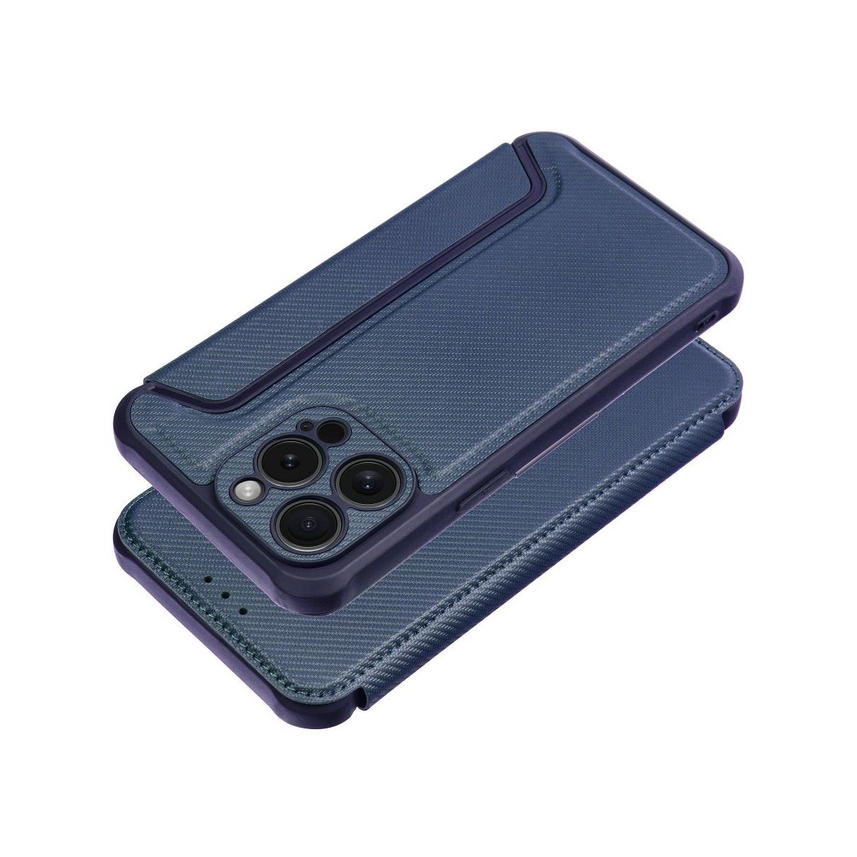 Due custodie per telefono blu scuro impilate. Quella superiore ha un design strutturato e un ritaglio per la fotocamera.