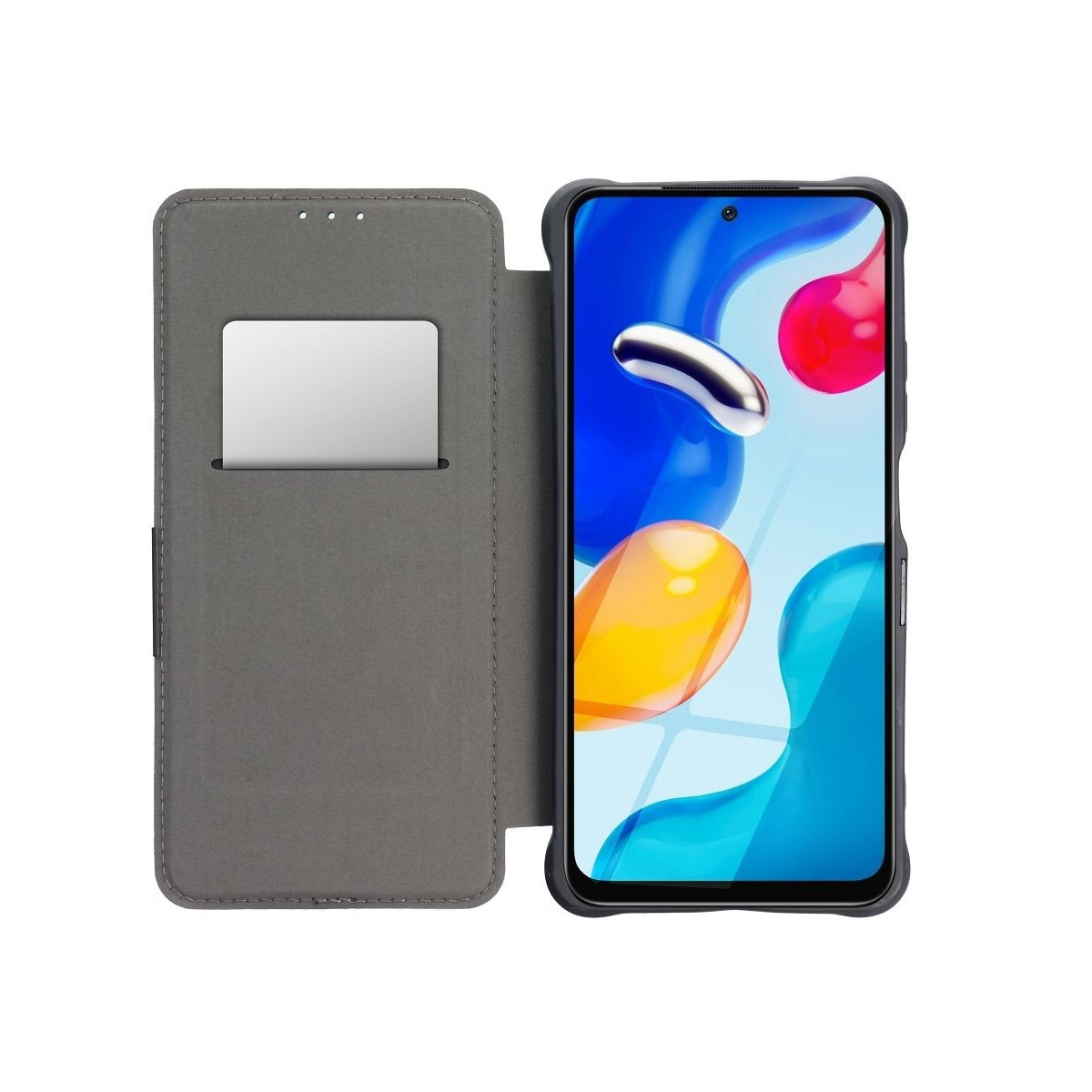 Custodia grigia per telefono, aperta, che mostra un telefono con forme astratte colorate sullo schermo.