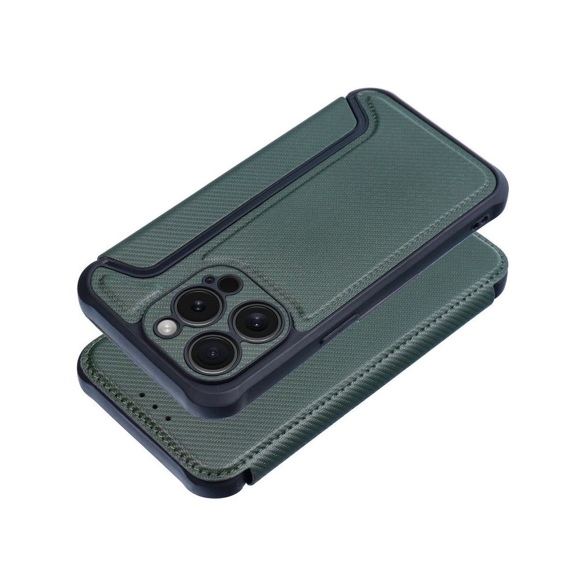 Custodia verde con superficie strutturata. Dettagli del telaio neri. Telefono parzialmente dentro.