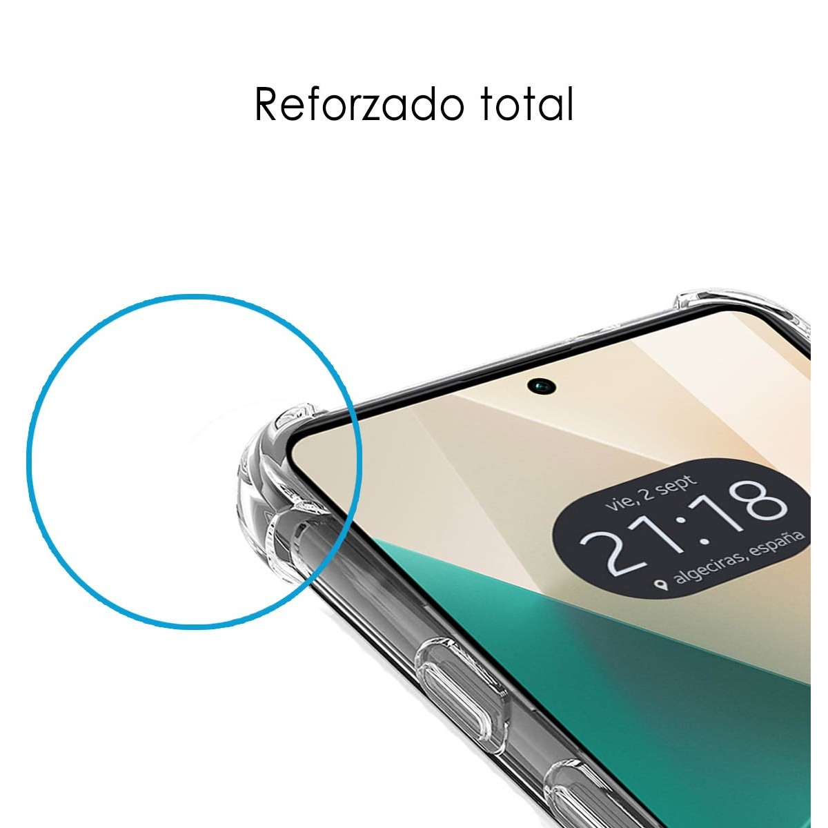 Schermo del telefono con custodia protettiva. Testo 'Reforzado total' con cerchio blu.