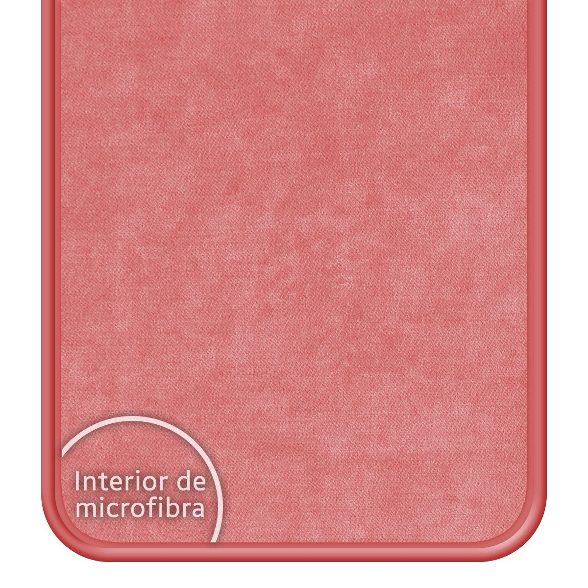 Una funda de teléfono roja con interior de microfibra, con el texto 'Interior de microfibra'.