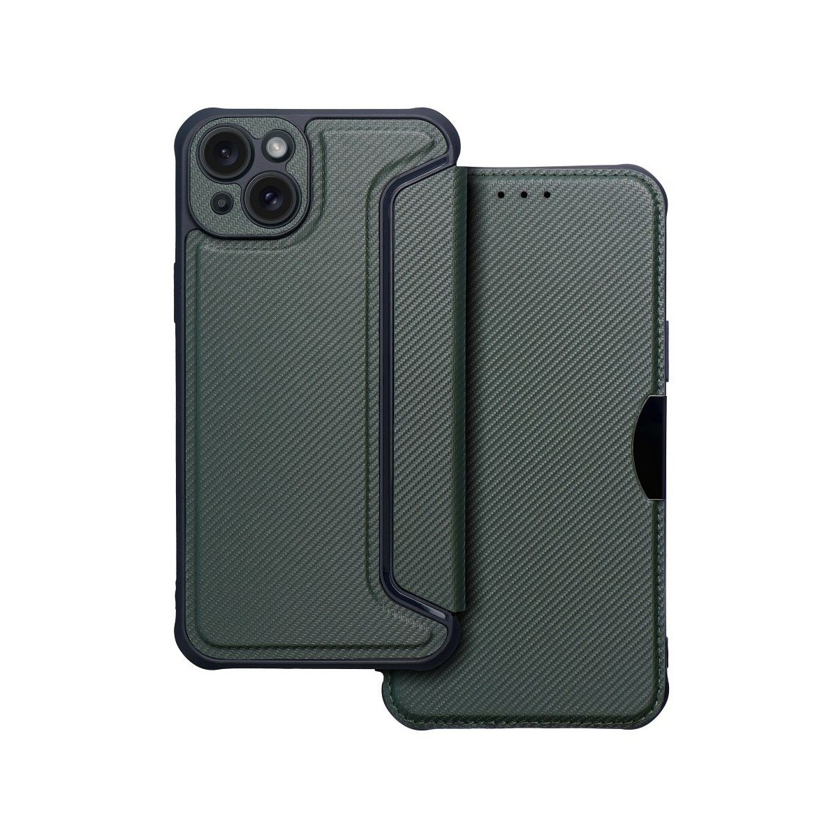 Una custodia per telefono verde scuro con un motivo strutturato, che mostra un telefono con display.