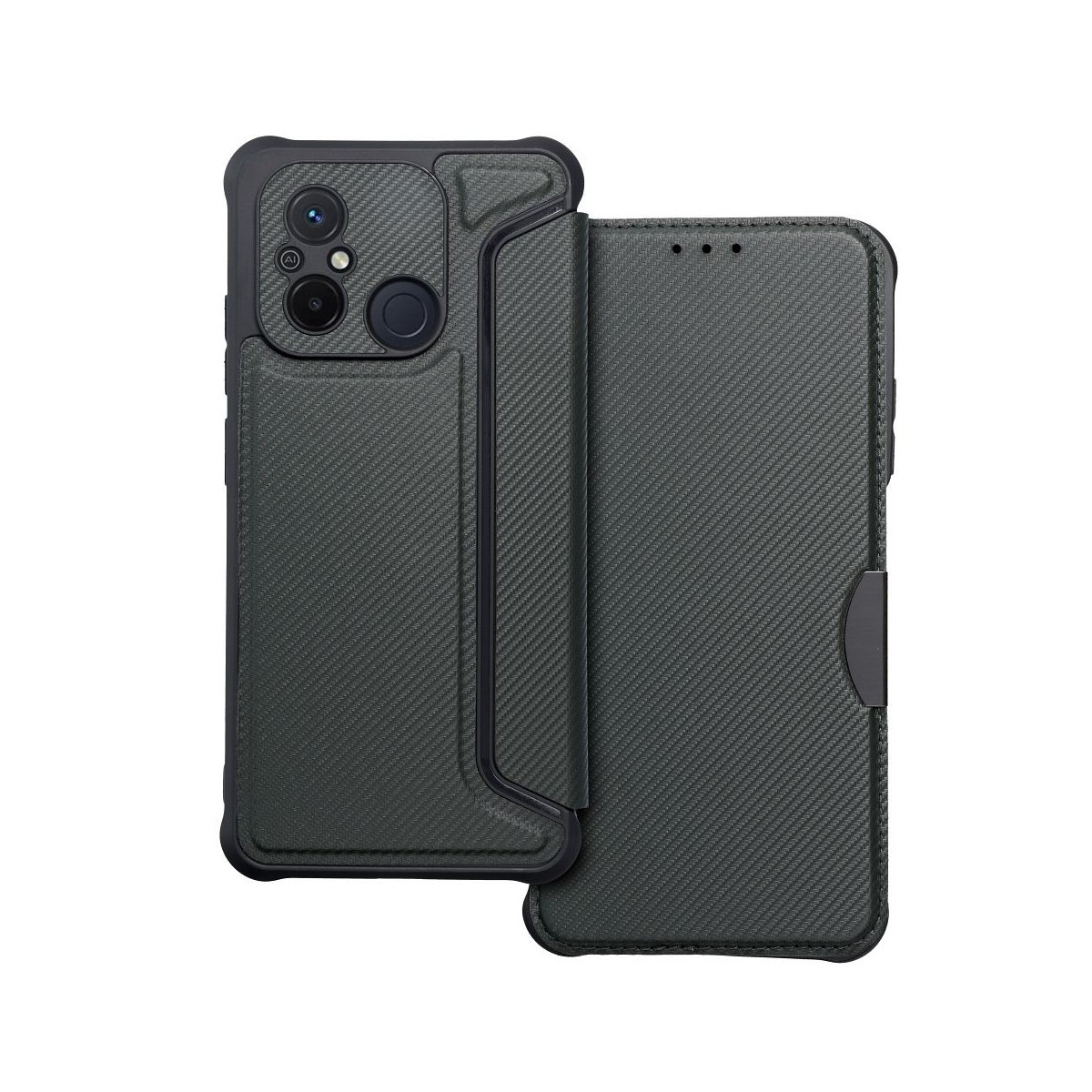 Una custodia per telefono con un rigonfiamento della fotocamera e una cover a ribalta. La custodia è grigio scuro con un motivo strutturato.