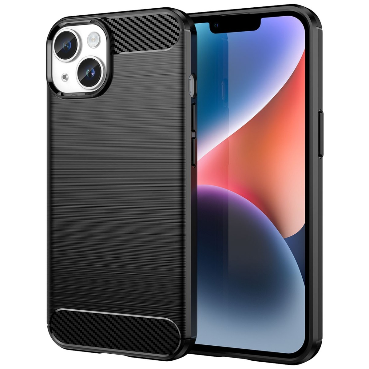 Custodia per telefono nera con un design strutturato e tre ritagli per fotocamera. Schermo del telefono visibile.