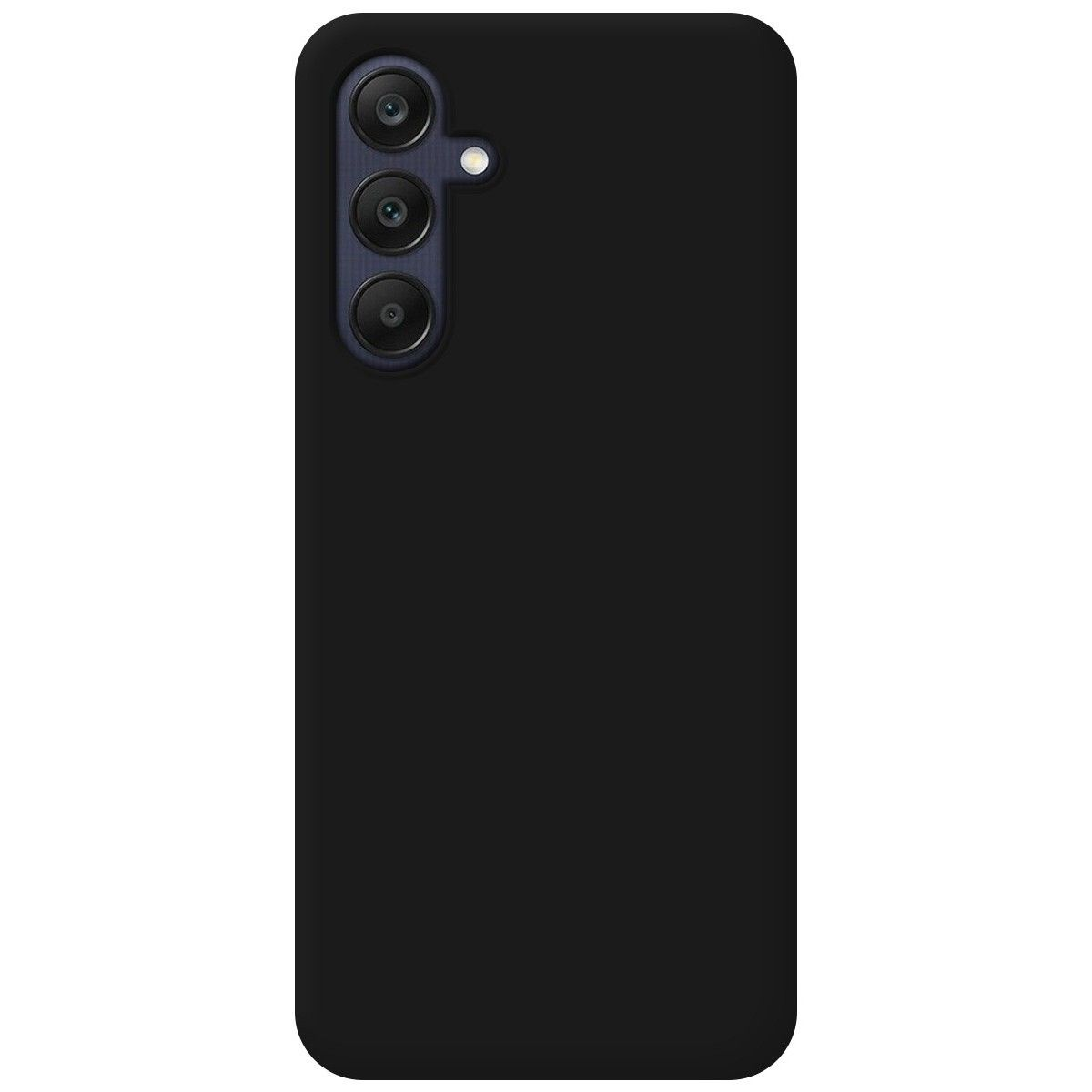 Un telefono nero con un rigonfiamento della fotocamera sul retro. Il telefono è nero semplice.