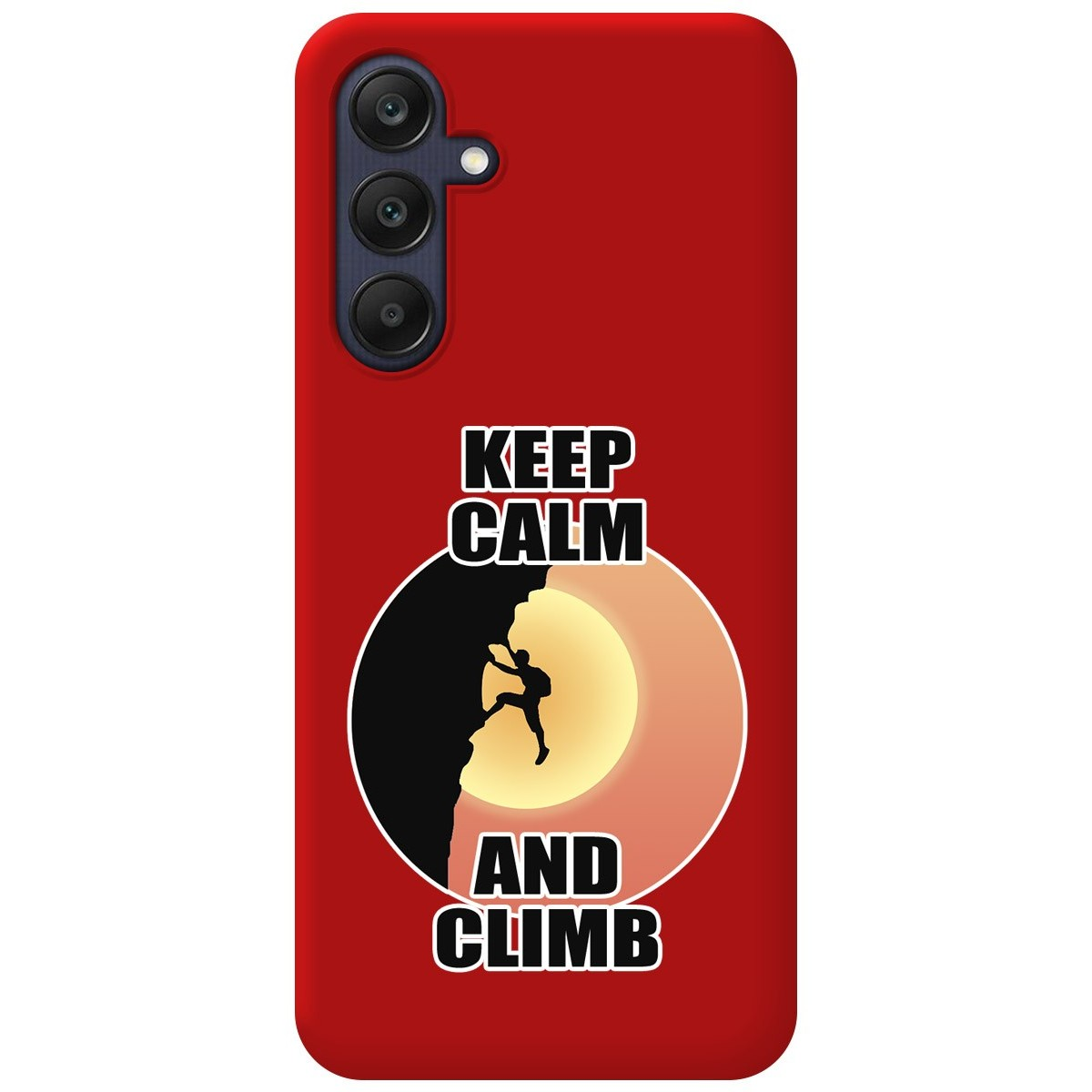 Una funda roja para teléfono con la silueta de un escalador en una pared rocosa y texto.