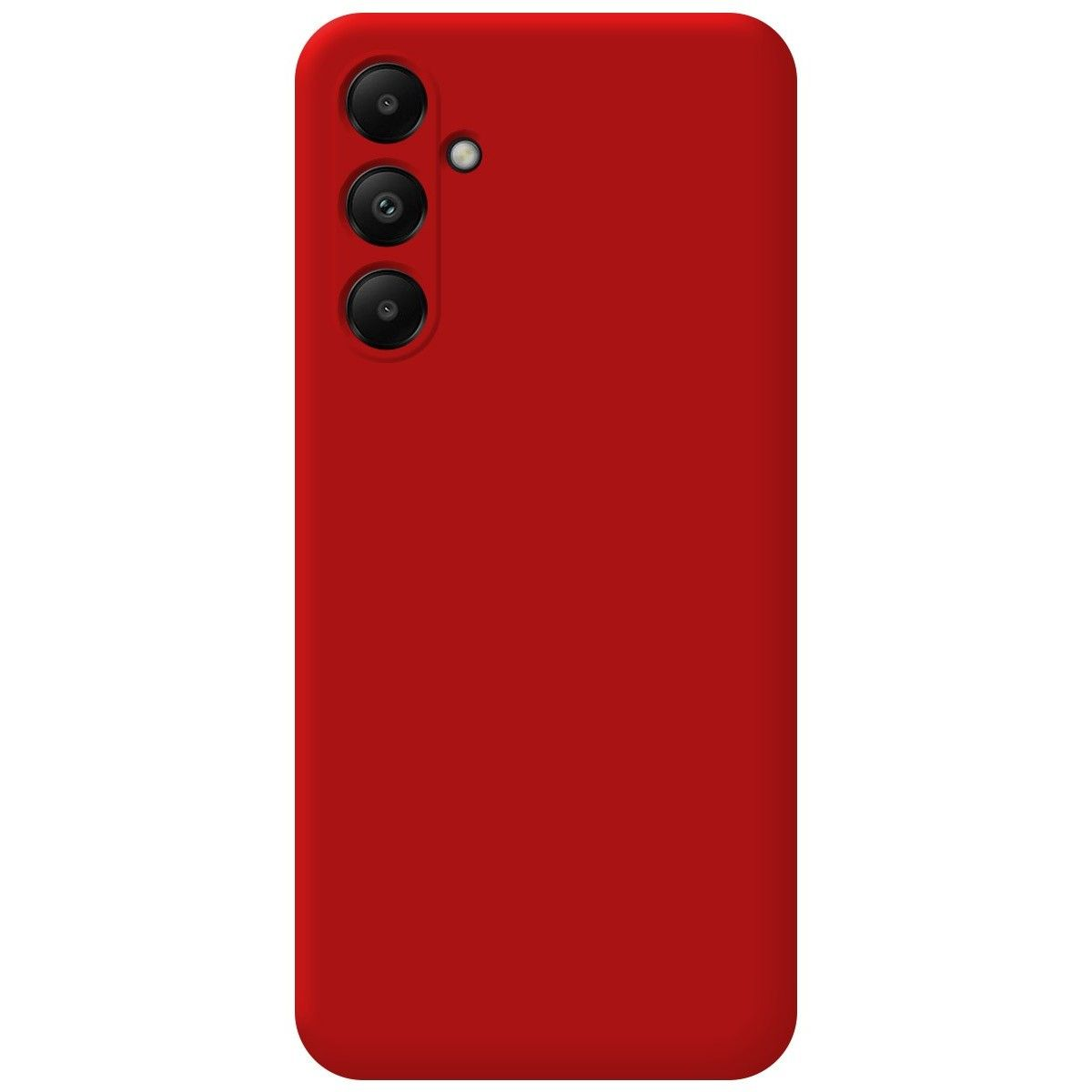 Telefono rosso, tre fotocamere e un flash.