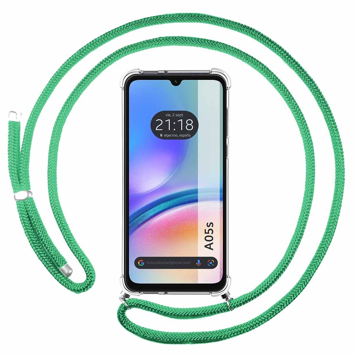 Telefono con cinturino da collo verde in stile corda. Lo schermo mostra la data e l'ora. Modello A05S.
