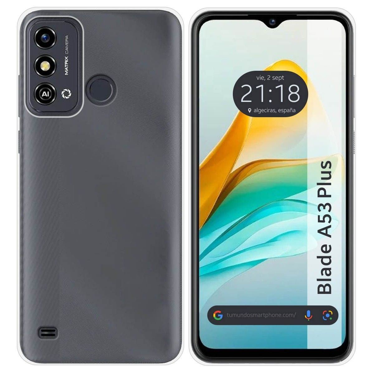 Custodia: Grigia. Schermo: Ora, data, Algeciras, Spagna. Telefono: Blade A53 Plus.