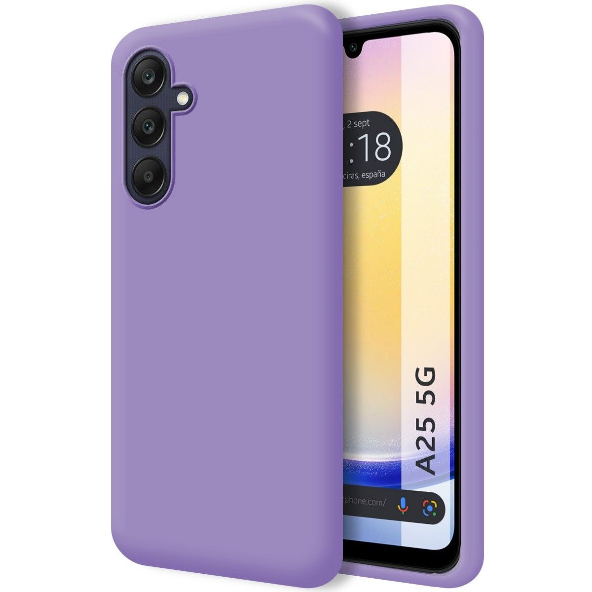 Custodia per telefono A25 5G viola. Schermo del telefono visibile. Il telefono è leggermente inclinato.