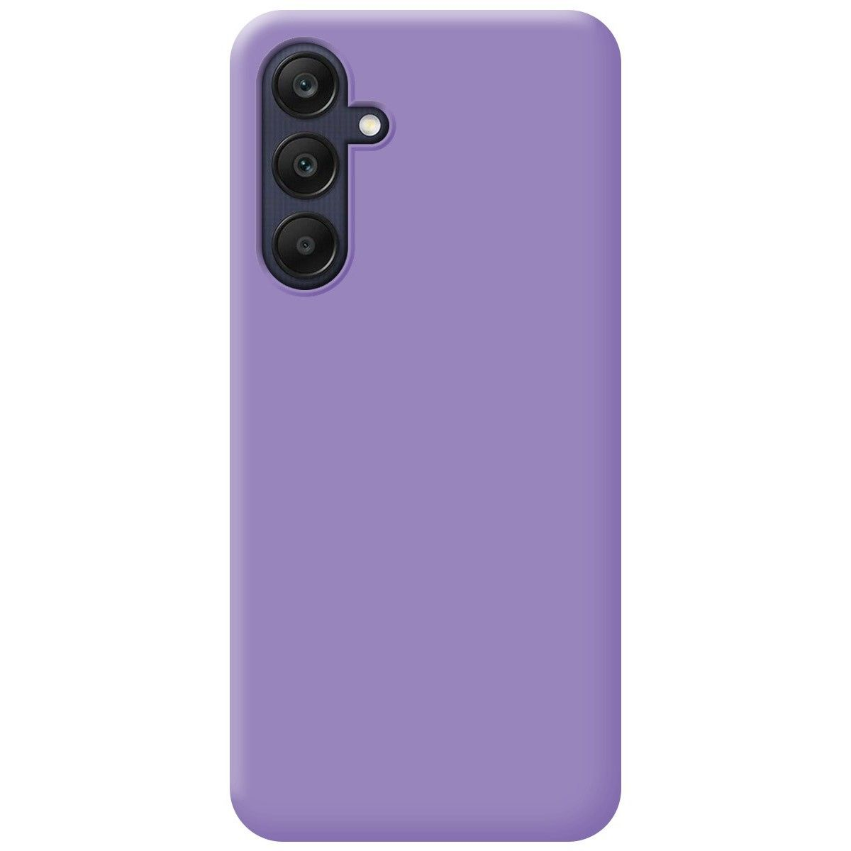 Una custodia per telefono lilla a tinta unita con tre obiettivi della fotocamera.