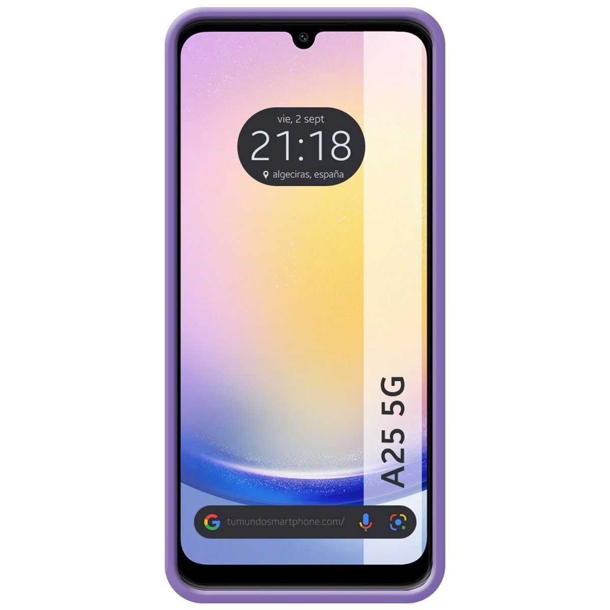 Schermo del telefono che mostra l'ora e la posizione. Il telefono ha una custodia lavanda.
