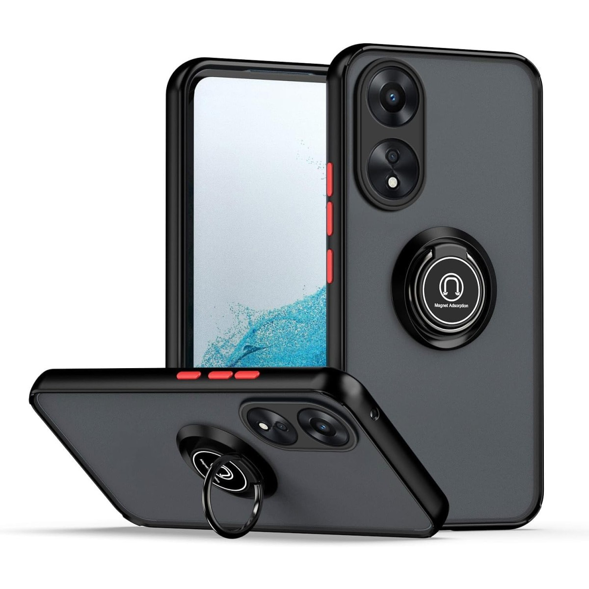 Tre telefoni neri con supporto ad anello e pulsante rosso.