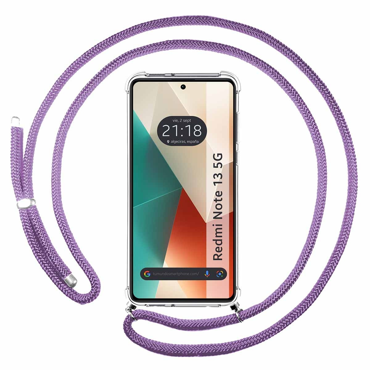 Un telefono in una custodia trasparente con un cordino viola.
