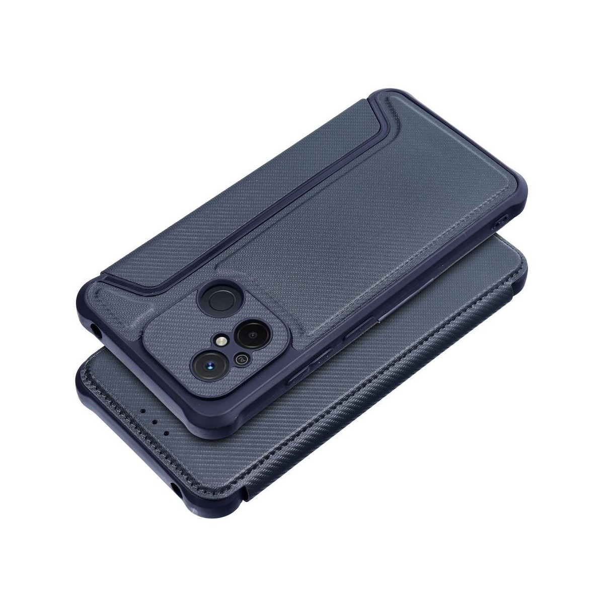 Custodia per telefono blu e grigia con design a rilievo per la fotocamera, su sfondo scuro.