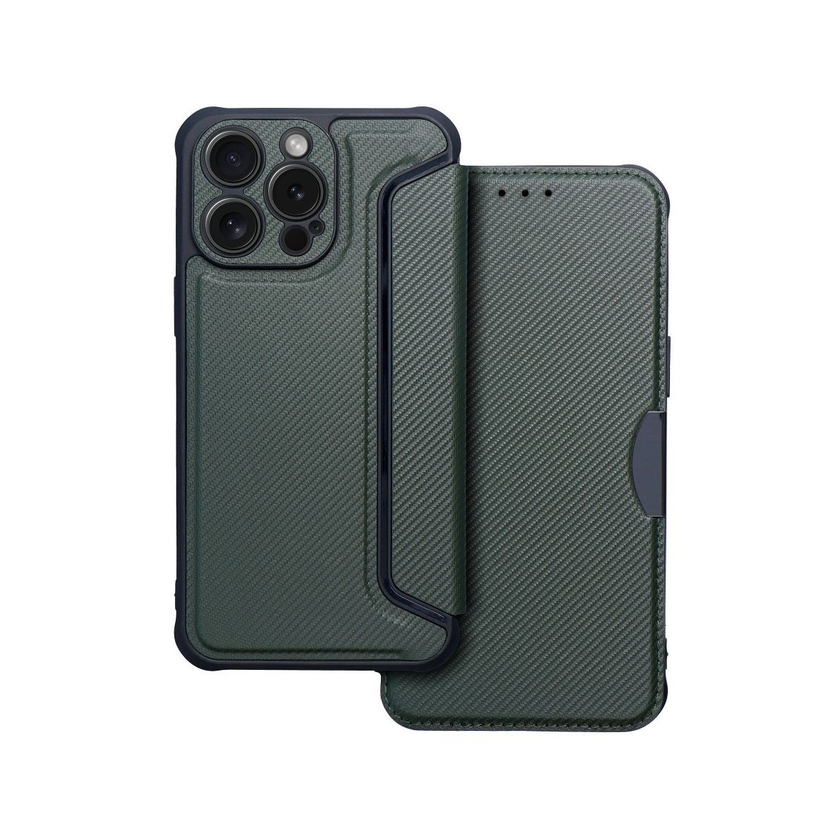 Custodia verde, piegata per rivelare un telefono.
