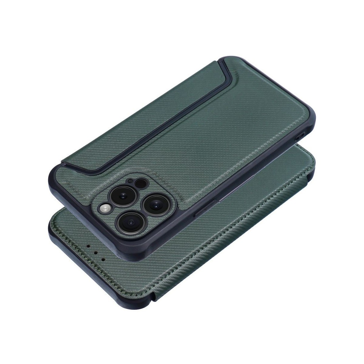 Custodia per telefono pieghevole, verde scuro, chiusa, con un telefono all'interno. La custodia è su sfondo bianco.