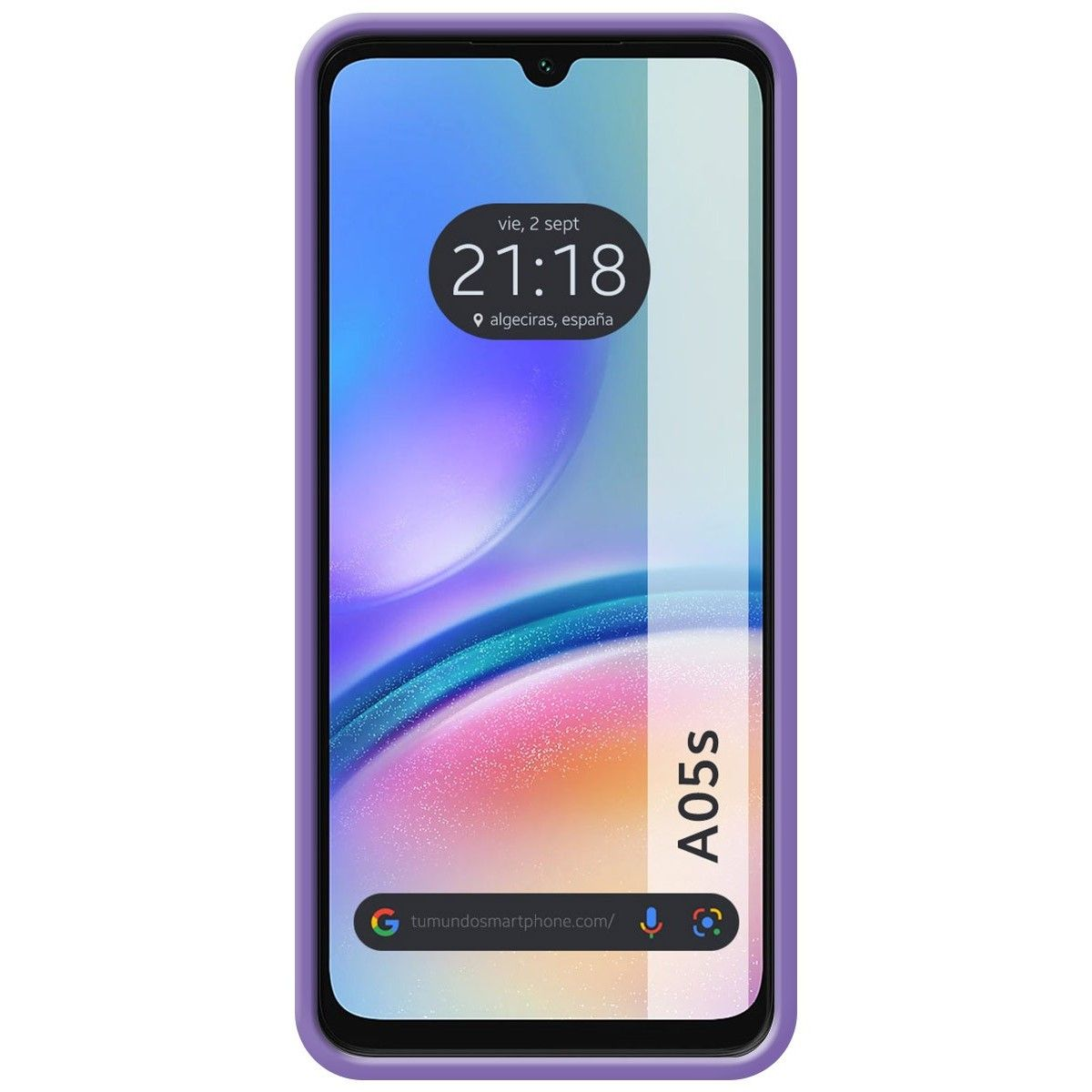 Custodia per telefono con cornice viola. Lo schermo del telefono mostra l'ora, la posizione e uno sfondo colorato.