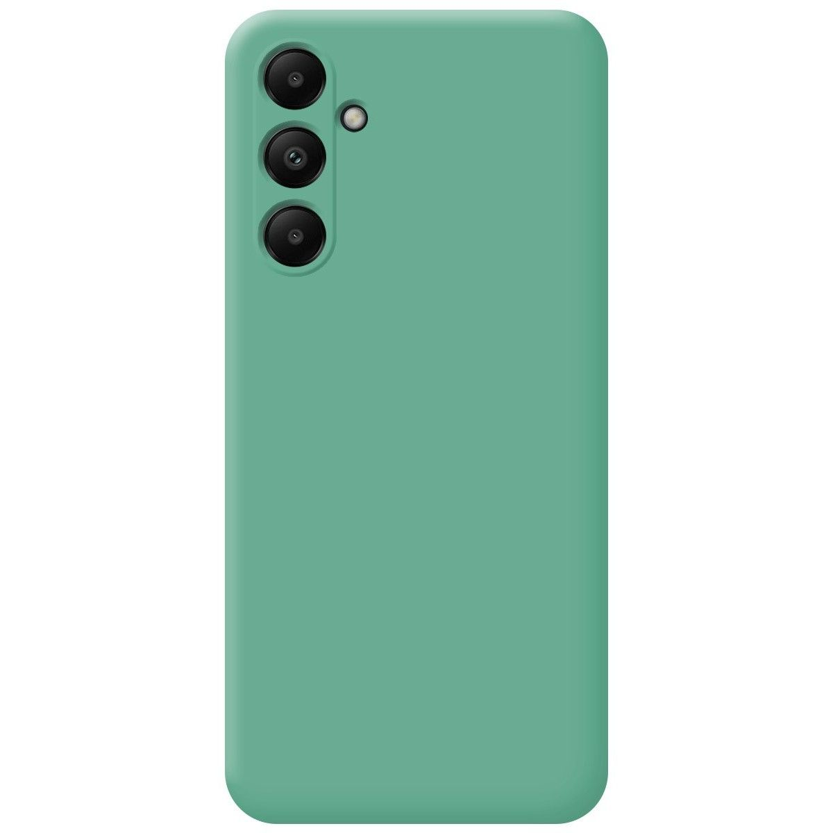 Custodia per telefono verde con un design semplice. Tre lenti della fotocamera sono visibili.