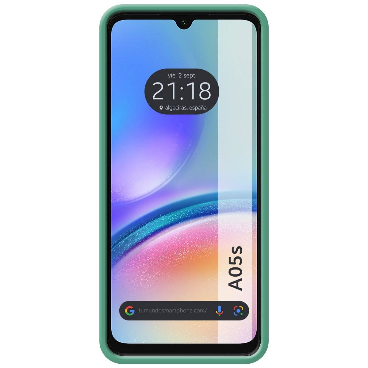 Telefono verde con custodia verde. Il telefono mostra data e ora.