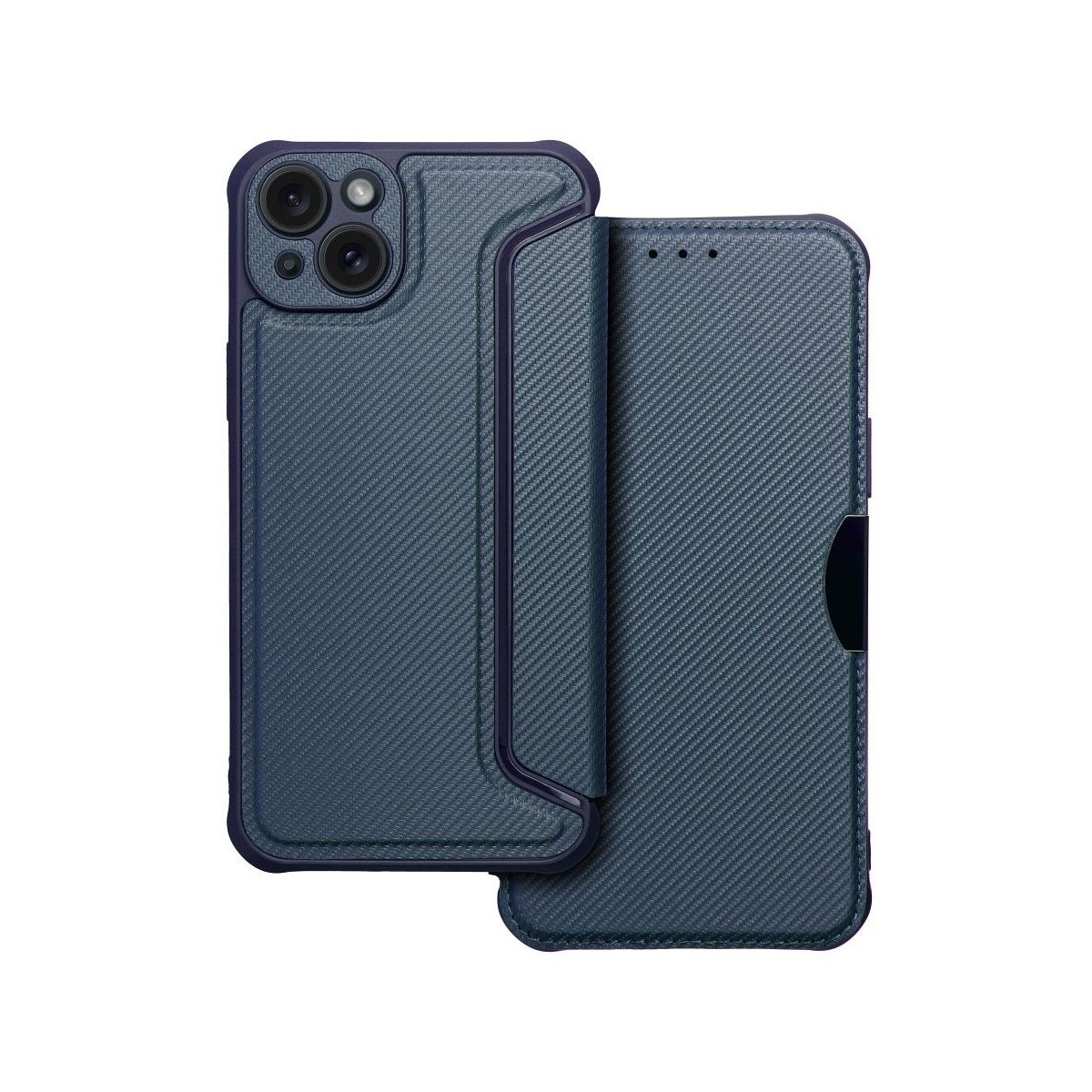 Custodia per telefono blu pieghevole con interno blu scuro, che mostra un telefono.
