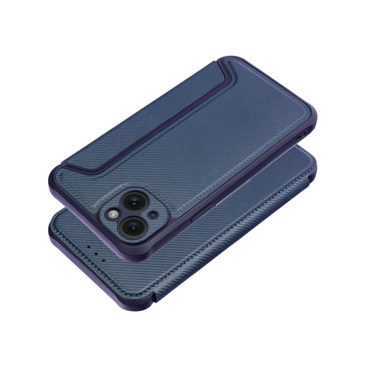 Due custodie per telefono blu navy, una chiusa, una aperta, con una texture in fibra di carbonio.