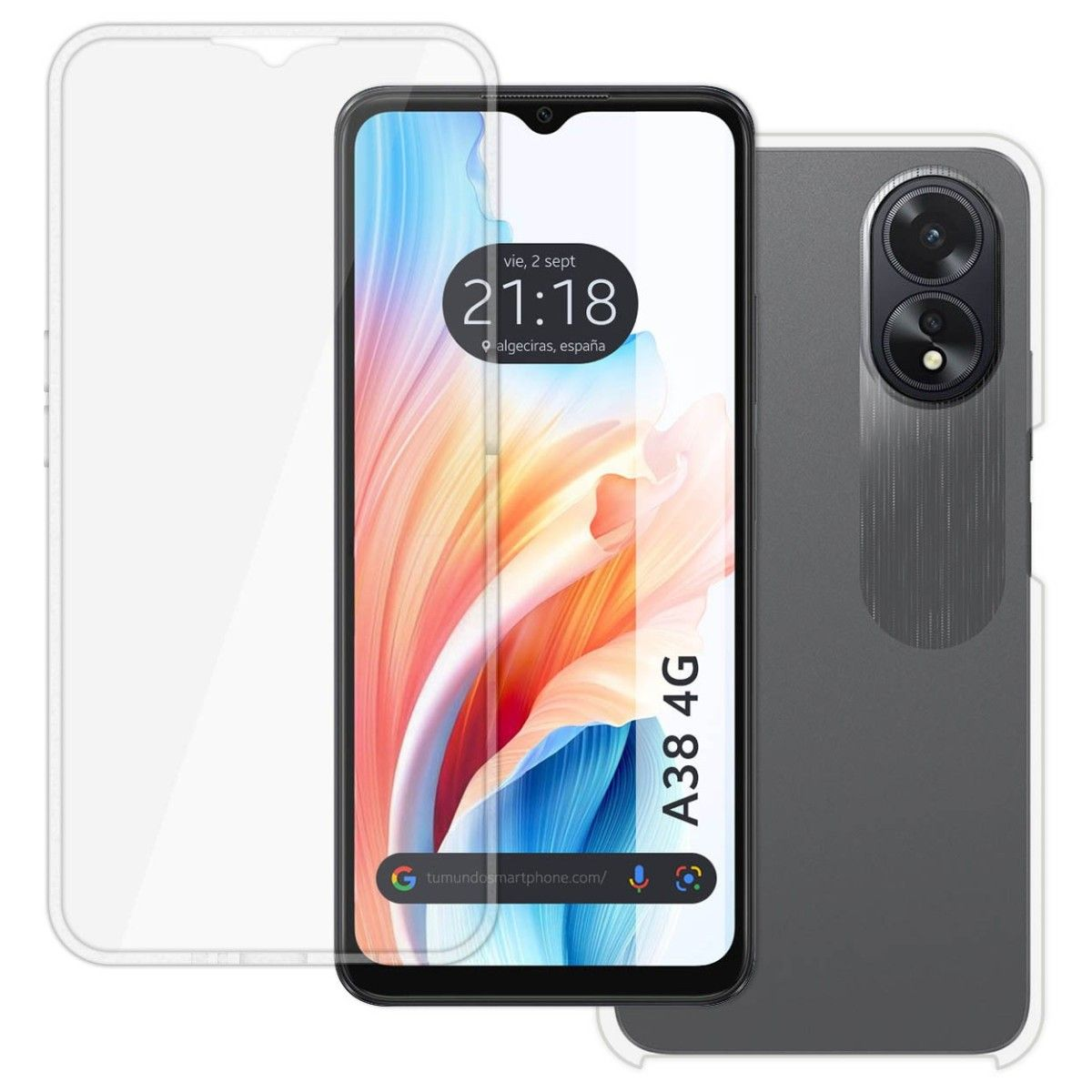 Smartphone con protezione schermo e custodia, l'ora e il nome del modello sono visibili.