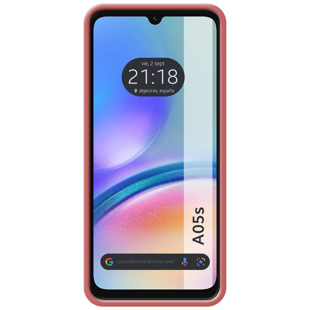 Telefono con custodia rosa che mostra l'ora. Lo schermo mostra uno sfondo colorato sfocato.