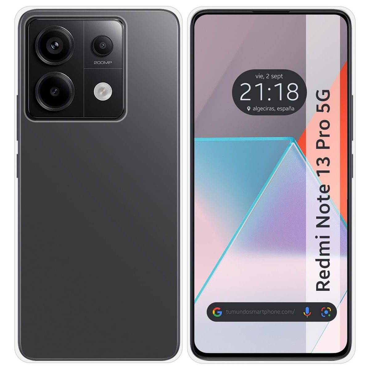 Teléfono con Redmi Note 13 Pro 5G en pantalla y funda.