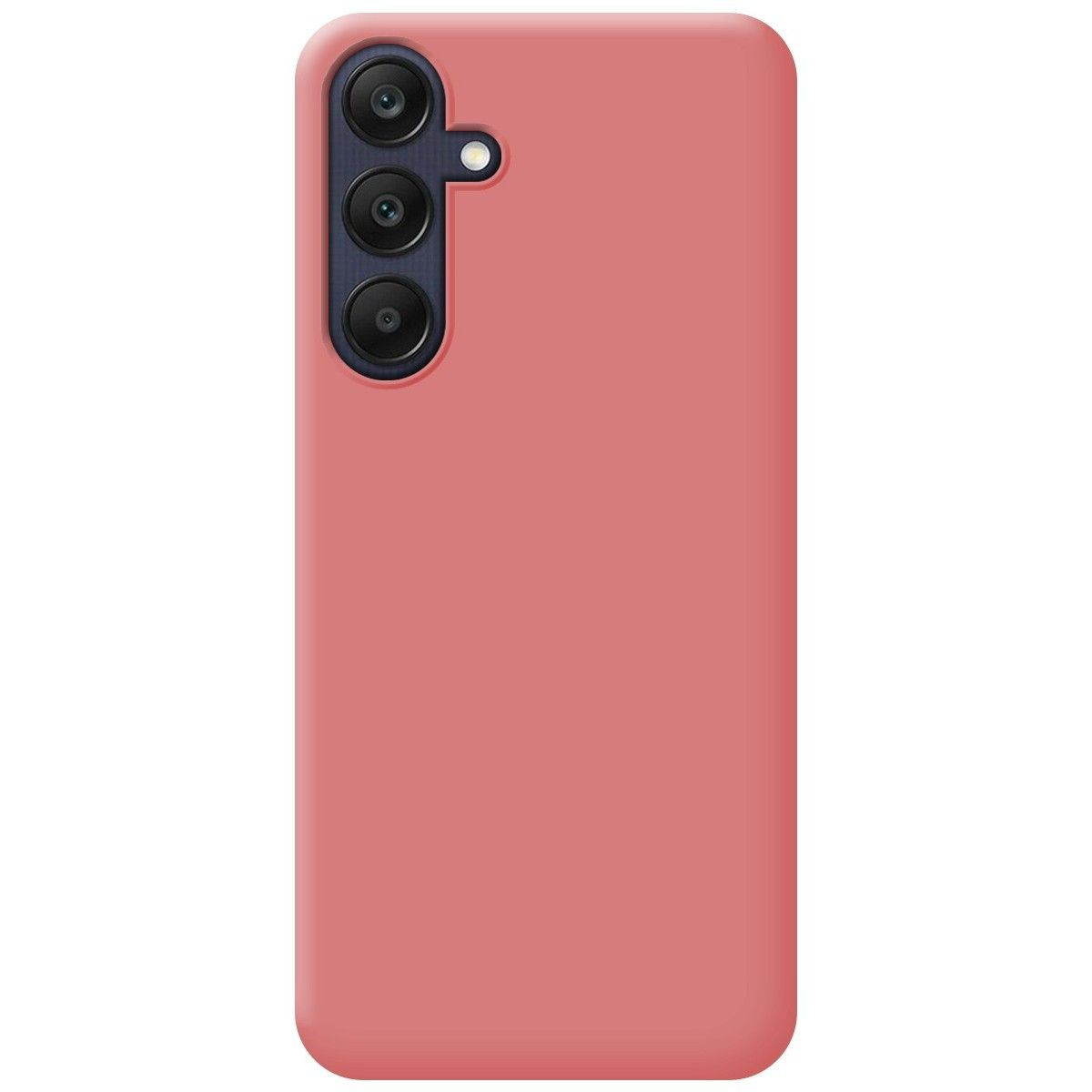 Custodia per telefono con colore pesca tinta unita, tre lenti della fotocamera visibili.