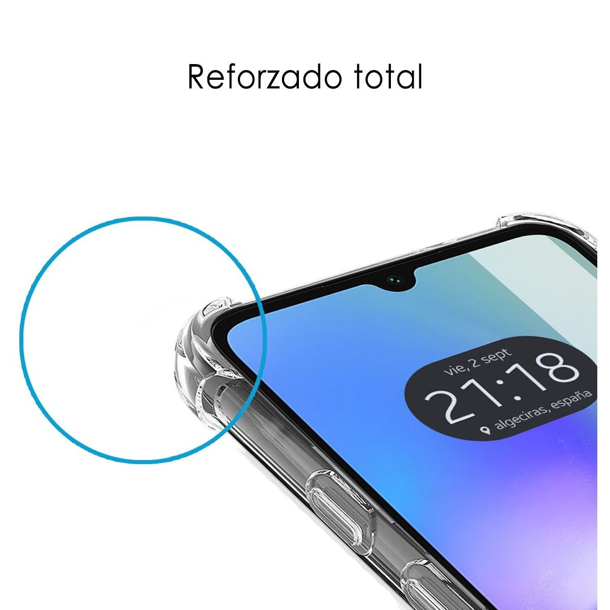Primo piano di una custodia per telefono con una cornice trasparente attorno allo schermo.