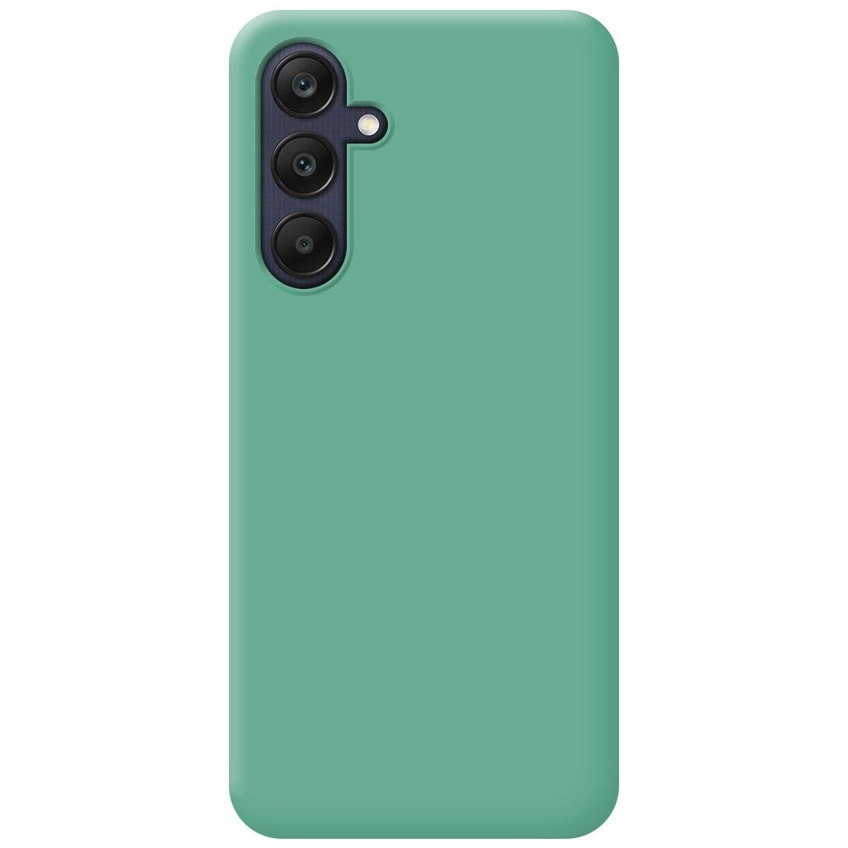 Una custodia per telefono verde acqua con tre fotocamere.