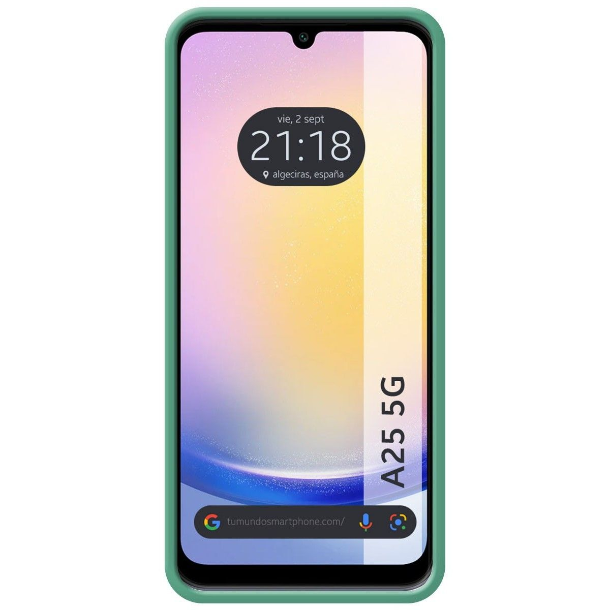 Telefono in custodia verde. Lo schermo del telefono mostra l'ora 21:18 e il testo A25 5G.